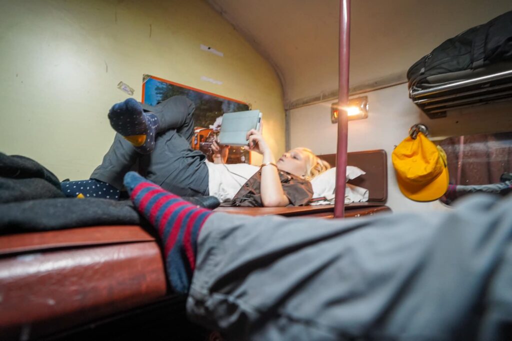 AC 2-Tier cabin on the train Jodhpur to Jaisalmer India with kids. 