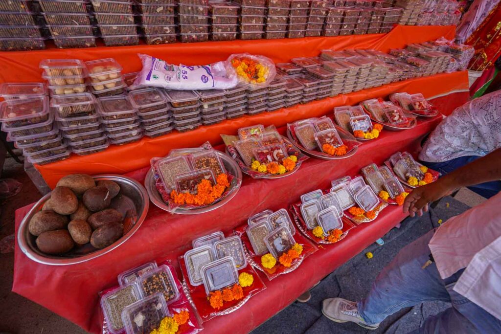 Offerings for sale outside the Rat Temple for pilgrims to take in to the Inner Sanctum. 