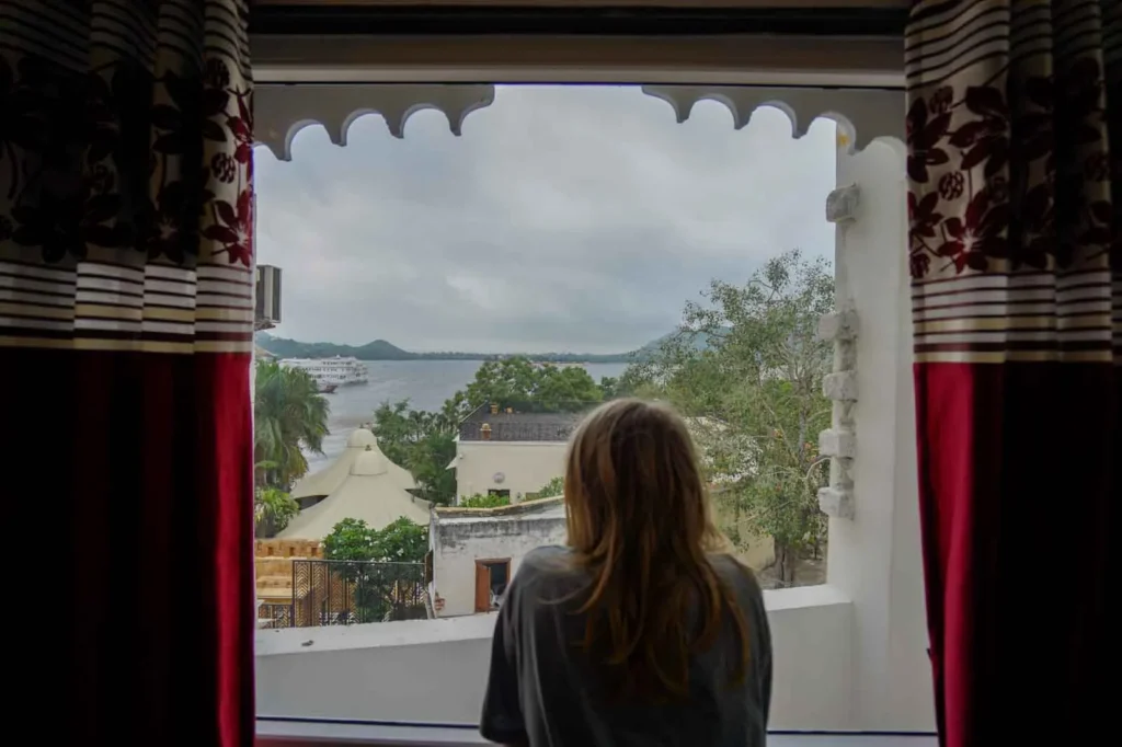 Lake views from our budget family room at Hotel Lake Star in Udaipur with kids.