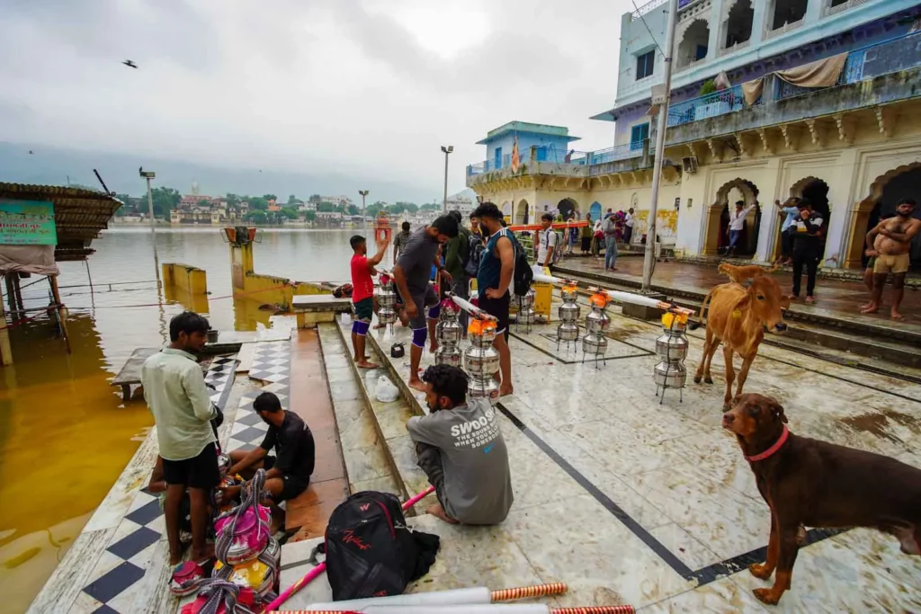 Preparations underway for the evening Aarti ceremony on Pushkar Lake.