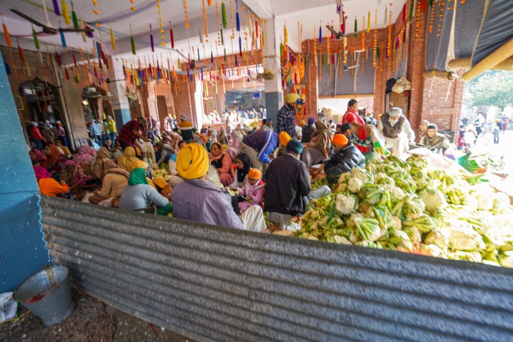 Volunteers of all ages peel and prepare vegetables at the Langar of the Golden Temple. 