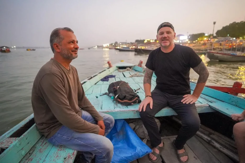 On an evening boat ride and guided tour of the Ganga Aarti with Ravi tour guide in Varanasi. 