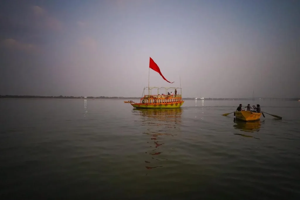 A serene and misty start to the day just after sunrise on the River Ganges things to do in Varanasi. 