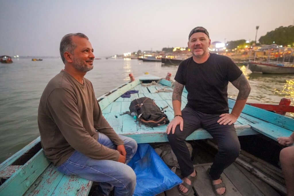 Out at sunset on the River Ganges with Ravi tour guide local contact in Varanasi. 