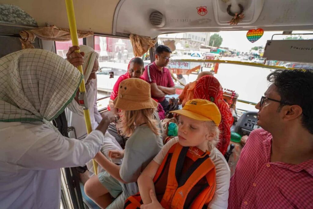 With Atik on a very crowded bus to Deshnoke in Bikaner. 