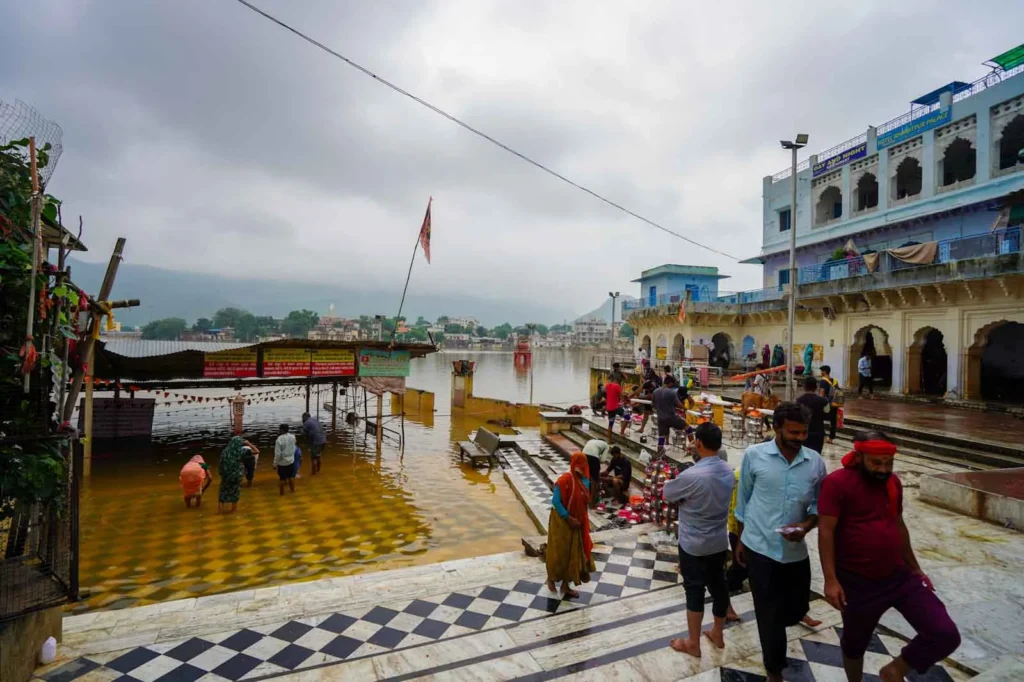The Ghats of the Holy Lake in Pushkar with large steps that give access to the water.